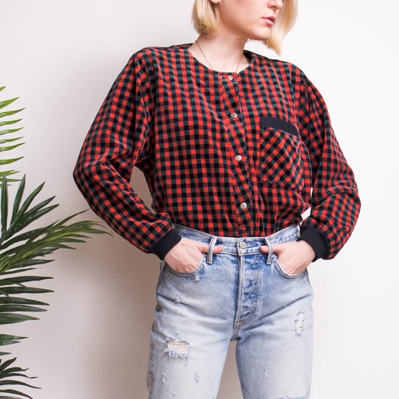 SALE Vintage checkered plaid velvet boxy top - Picture 3 of 8